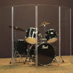 5 foot tall drum shield with full length hinges in front of a drum set
