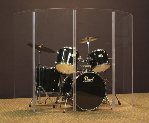 5 foot tall drum shield with full length hinges in front of a drum set